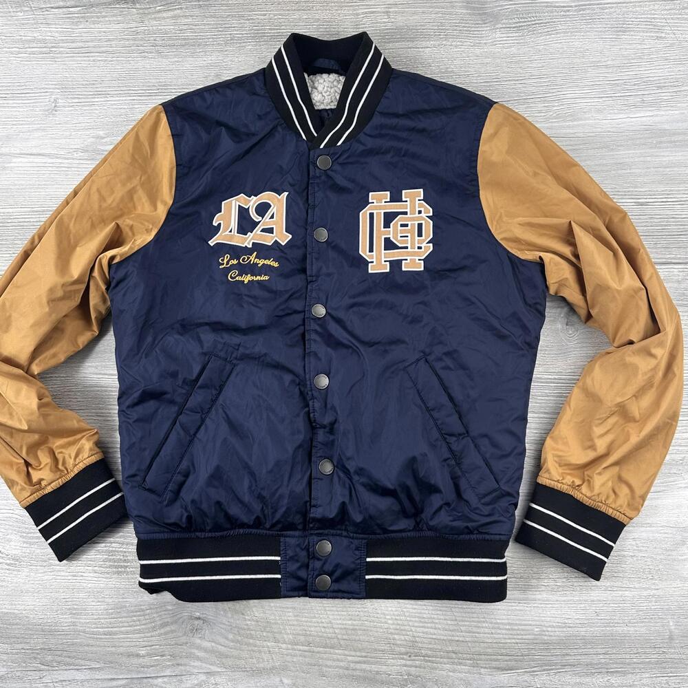 Hollister Varsity Jacket Mens XS Womens Large Navy Gold Sherpa Lined Y2K Flaw